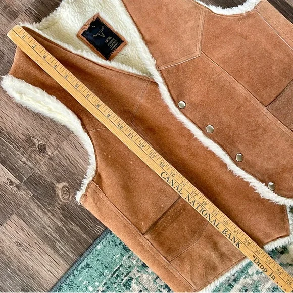 Vintage Caramel Brown Suede Leather Vest Cream Sherpa Lining Large Western - Picture 6 of 11